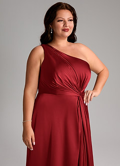 Azazie Brooke Robes de demoiselle d'honneur Robe Trapèze en Satin extensible Une épaule Écarlate image14