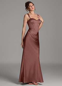 Azazie Mela At-home Try On Dresses Dusty Rose Sheath Corset Stretch Satin Dress image4