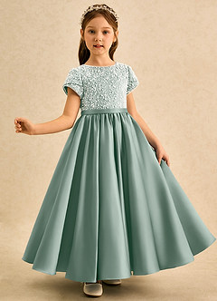 Azazie Cashew Flower Girl Dresses Silver Sage Ball-Gown with Sleeves Matte Satin Dress image4