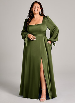 Azazie Leonia Bridesmaid Dresses Olive A-Line Long Sleeve Stretch Satin Dress image1