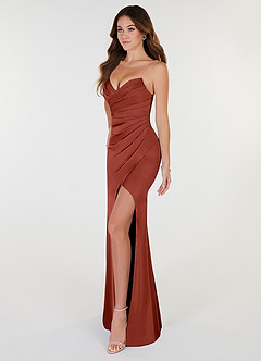 Azazie Yola Bridesmaid Dresses Terracotta Sheath V-Neck Pleated Stretch Satin Convertible Dress image3