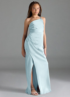 Azazie Eren Junior Cloud Blue Sheath Pleated Stretch Satin Dress image4