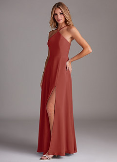 Azazie Bailey Bridesmaid Dresses Terracotta A-Line Halter Side Slit Chiffon Dress image3