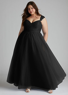 Azazie Luxi Vestidos de damas de honor Vestido de Negro de Tul de Corte en A con Plisado image6