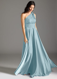 Azazie Charlize Bridesmaid Dresses Moody Blue A-Line One Shoulder Stretch Satin Dress image3