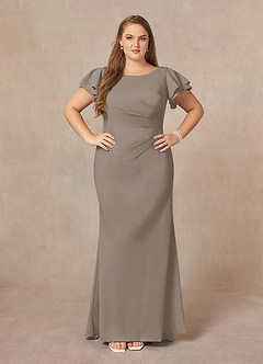 Azazie Peppermint Mother of the Bride Dresses Taupe Mermaid Scoop Ruched Stretch Crepe Dress image6