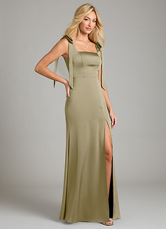 Azazie Frostine Bridesmaid Dresses Moss Green A-Line Bow Stretch Satin Dress image5