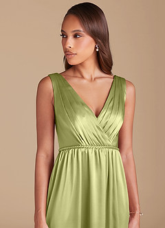 Azazie Tanicia Bridesmaid Dresses Pistachio A-Line Pleated Metallic Satin Dress image2