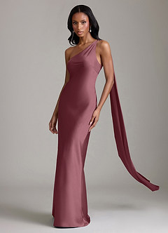 Azazie Juniper Bridesmaid Dresses Desert Rose Mermaid One Shoulder Stretch Satin Dress image1
