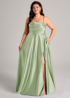 Azazie Elle Bridesmaid Dresses Dusty Sage A-Line with Pockets Metallic Satin Dress image7