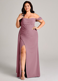 Azazie Amyra Bridesmaid Dresses Vintage Mauve Sheath Off the Shoulder Chiffon Convertible Dress image10