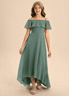 Azazie Maggie Junior Eucalyptus A-Line Off the Shoulder Chiffon Dress image5