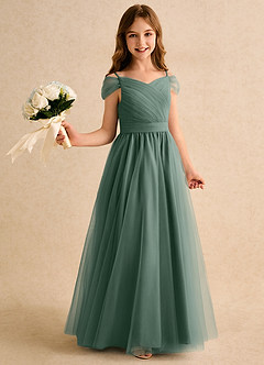 Azazie Yuna Girls Formal Flower Girl Dresses Eucalyptus A-Line Off the Shoulder Tulle Dress image1