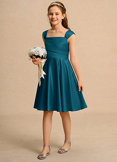 Azazie Budle Flower Girl Dresses Ink Blue A-Line Pleated Matte Satin Dress image5