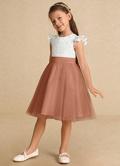 Azazie Vetty Flower Girl Dresses Ivory Bronzer A-Line Lace Tulle Dress image3