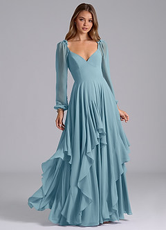 Azazie Karan Abiti da Damigella Abito A-Line in Chiffon Manica Lunga Blu Lunatico image1