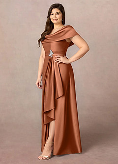 Azazie Branford At-home Try On Dresses Copper A-Line Pleated Stretch Satin Dress image11