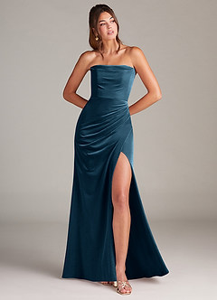 Azazie Leonis Bridesmaid Dresses Blue Topaz Mermaid Strapless Velvet Dress image1