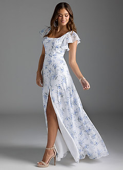 Azazie Bondi Bridesmaid Dresses Blue Cottage Floral A-Line Ruffled Chiffon Dress image5