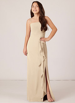 Azazie Kaylee Junior Champagne A-Line with Belt Chiffon Dress image4