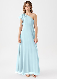 Azazie Arabella Junior Cloud Blue A-Line Ruched Chiffon Dress image3