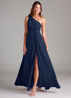 Azazie Brooke Vestidos de damas de honor Vestido de Azul Marino Oscuro de Gasa de Corte en A con Hombro unilateral image3