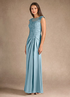 Azazie Santa Barbara Mother of the Bride Dresses Moody Blue Sheath Pleated Stretch Satin Dress image6