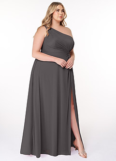 Azazie Brooke Vestidos de damas de honor Vestido de Gris Acero de Malla de Corte En A con Hombro unilateral image9