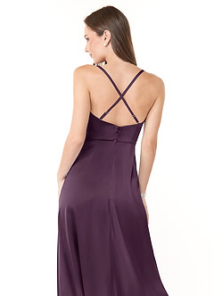 Azazie Naomie Bridesmaid Dresses Plum A-Line Cowl Neckline Side Slit Stretch Satin Dress image3