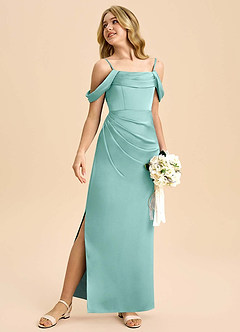 Azazie Saige Junior Aqua Sheath Off the Shoulder Stretch Satin Dress image5