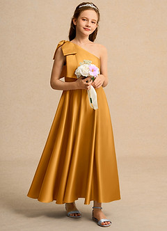 Azazie Guppy Junior Formal vestidos de niña de las flores Vestido de Caramelo de Satin Mate de Corte En A con Hombro unilateral image1