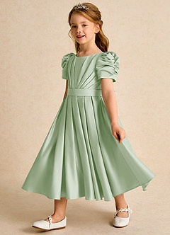 Azazie Miriam Abiti da Ragazza di Fiori Abito Principessa in Raso Opaco Plissettato Verde Salvia image7