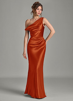 Azazie Emerson Bridesmaid Dresses Paprika Mermaid Off the Shoulder Metallic Satin Dress image10