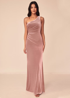 Azazie Argan Bridesmaid Dresses A-Line One Shoulder Pleated Velvet Floor-Length Dress image1