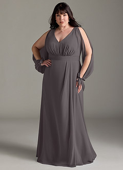 Azazie Matilda Bridesmaid Dresses Steel Grey A-Line Long Sleeve Chiffon Dress image9