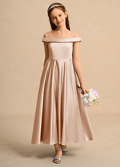 Azazie Teeny Junior Formal vestidos de niña de las flores Vestido de Rosa Inglesa de Satin Mate de Corte En A con Plisado image3