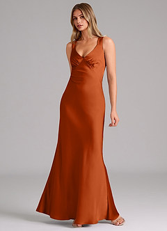 Azazie Kamila Bridesmaid Dresses Burnt Orange A-Line Pleated Stretch Satin Dress image3