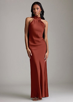 Azazie Cassiana Jurken voor bruidsmeisjes Jurk van Stretch Satijn met Zeemeermin Geplooid Terracotta image1