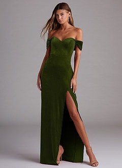Azazie Shay Bridesmaid Dresses Olive Sheath Off the Shoulder Velvet Convertible Dress image4