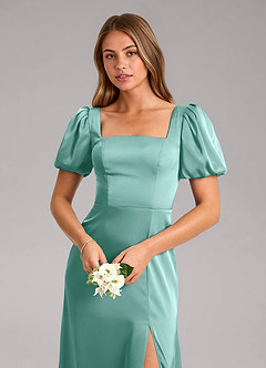 Azazie Fyona Vestidos de damas de honor Vestido de Aqua de Satén Elástico de Corte en A con Plisado image12