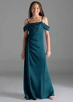 Azazie Amyra Junior Ink Blue Sheath Off the Shoulder Stretch Satin Dress image1