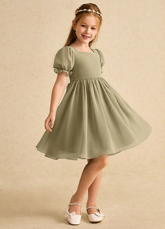 Azazie Jolie vestidos de niña de las flores Vestido de Musgo Verde de Gasa de Corte En A con Con mangas image1