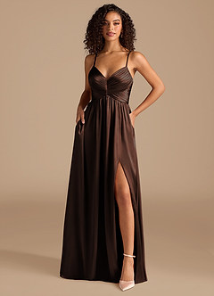 Azazie Alia Bridesmaid Dresses Ganache A-Line Pleated Metallic Satin Dress image1