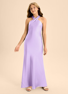 Azazie Doretta Junior Lilac A-Line Pleated Stretch Satin Dress image4