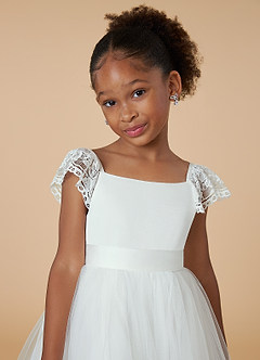 Azazie Little Flower Girl Dresses Diamond White A-Line Lace Tulle Dress image5