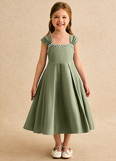 Azazie Yosemite Flower Girl Dresses Pistachio Ball-Gown Sweetheart Neckline Matte Satin Dress image4