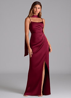 Azazie Calandra Vestidos de damas de honor Vestido de Borgoña de Satén Elástico de Corte en A con Plisado image3