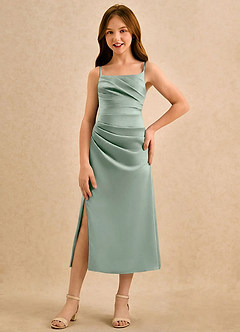 Azazie Canna Girls Formal Flower Girl Dresses Agave A-Line Pleated Stretch Satin Dress image4