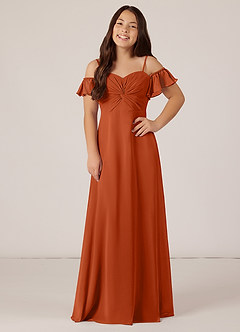 Azazie Juna Junior Robe Trapèze en Mousseline de soie Épaule décolletée Orange Brûlée image1