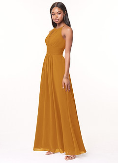 Azazie Bonnie Bridesmaid Dresses Butterscotch A-Line Keyhole Ruched Chiffon Dress image3